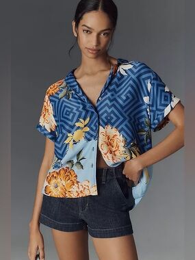 Anthropologie The Brenna Buttondown Shirt Top Blue Floral NWT L Resortcore Beach